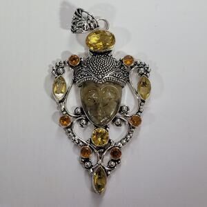 Goddess Pendant Carved Stone Face Sterling Silver with Citrine
